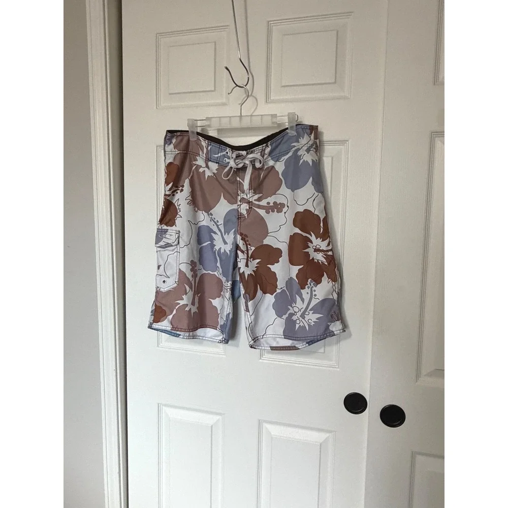 O'Neill Mens Board Shorts Size 32 Brown Blue Hibiscus Floral Surf Swim Trunks